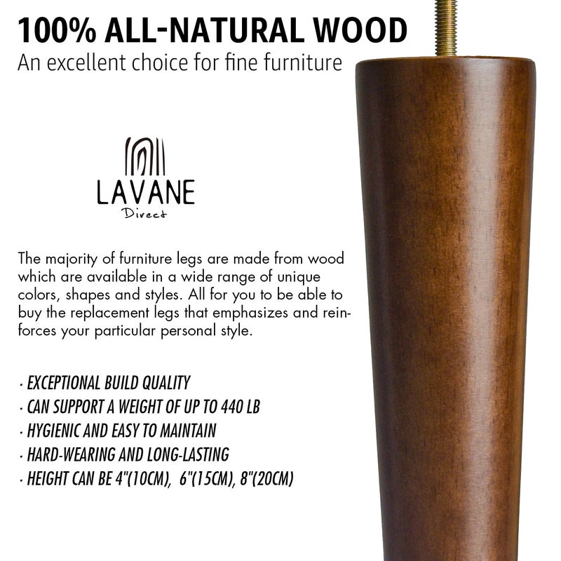 La Vane 6 inch Solid Wood Furniture Legs (15cm) - Walnut Finish Tapered Replacement Feet with 5/16 inch Thread & Mounting Plates - Set of 4 for Sofa, Couch, Cabinet, Ottoman - Image 3
